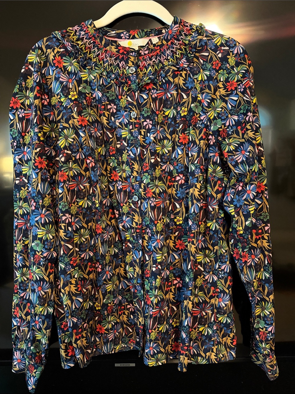 Boden Floral Smocked Neck Button-Front Blouse - Black Multi